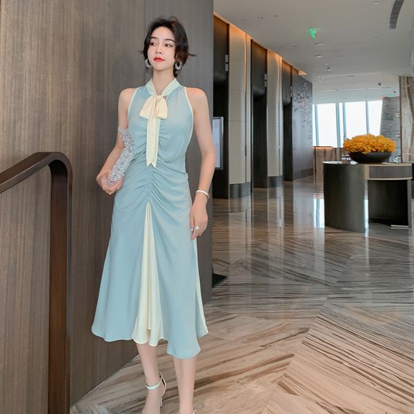 

casual dresses summer 2021 temperament socialite slim neck lace waist pleated super fairy dress, Black;gray