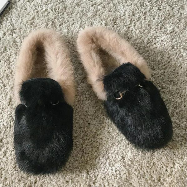 

nice autumn women metal flip flops flat heels full of fur warm shoes woman comfortable casual laze slippers for female, Black