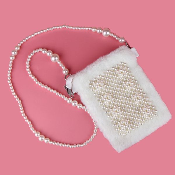 

white black lamb hair hand woven bead wool pearl bag plush mobile phone bag single small crossbody shoulder messenger purses
