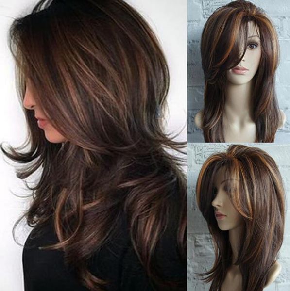 Hot Sale Ladies Wig Ombe Gold Brown Highlights Omber Long Curly