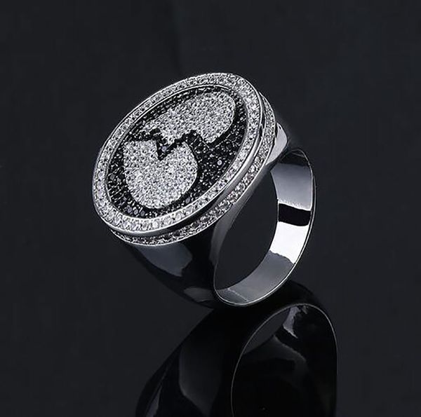 Herren-Ring mit gebrochenem Herzen, Silber, Schwarz, zweifarbig, Zirkonia, Mikro-Pavé-Diamanten, Hip-Hop-Ring mit Geschenkbox, Größe 7–11