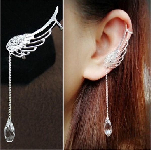 

korean fashion earrings long crystal tassel drop angel wings no ear-hole ear clip, Silver