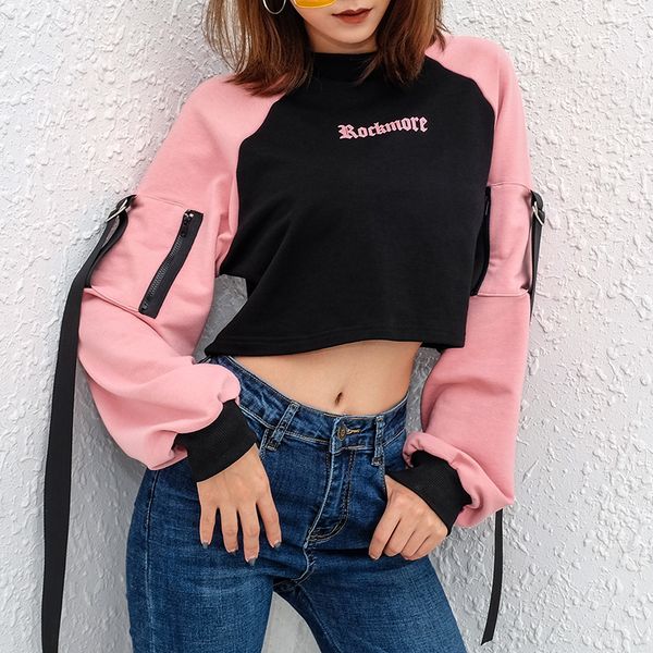 

jsmy new women's print streamer long sleeves zipper raglan sleeve loose exposed navel sweatshirt casual pullover top, Black