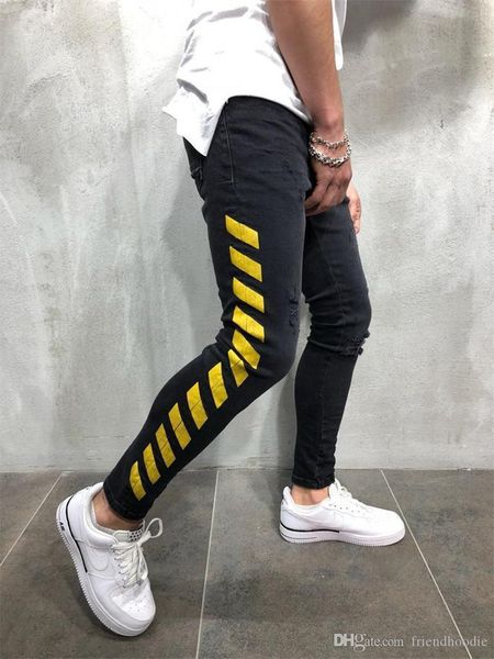 

отверстия черный hiphop полосатые мужские печатные джинсы модные мужские тощий карандаш брюки вскользь mens mid талией одежды, Blue