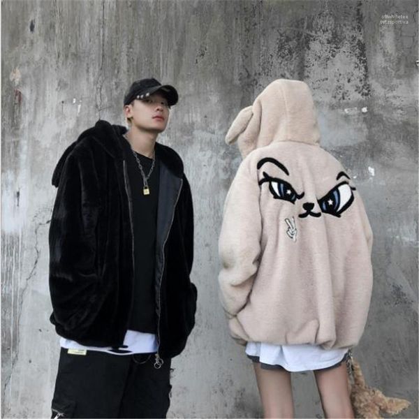 

длинные рукава с капюшоном пальто мода пара пальто плюшевые мужские дизайнерские зимние пальто сплошной цвет кроличьи уши emoji вышивка своб, Black