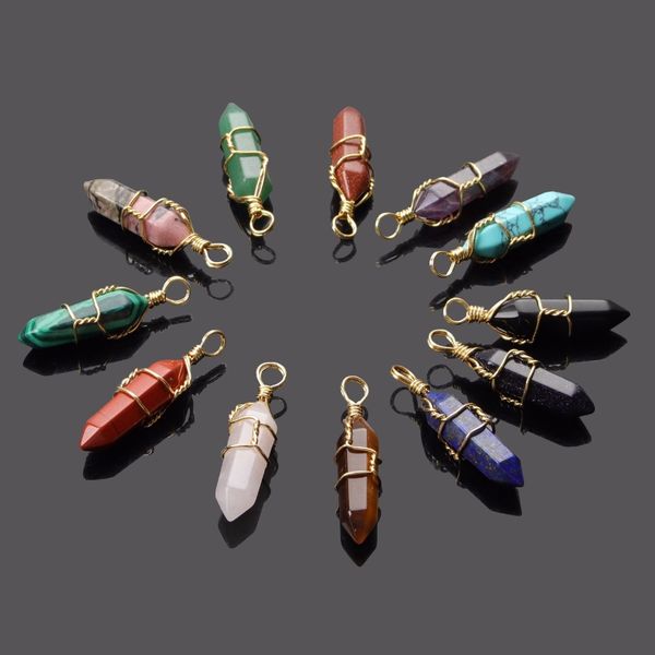 

natural stone pendant bullet 7 chakra handmade gold color wired rose amethysts malachite opal quartz turquoises stone pendants, Silver