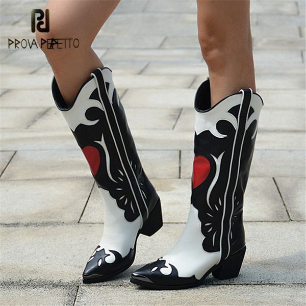 

prova perfetto patchwork women high boots pointed toe slip on riding boot women autumn winter high heel rubber shoes woman, Black