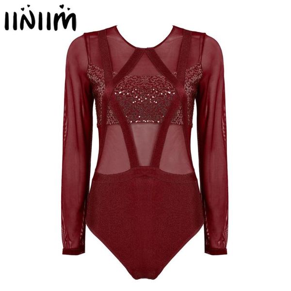 

women adults 2020 figure dancing costumes long sleeves shiny sequin and mesh splice leotard gymnastics bodysuit ballet dancewear, Black;red
