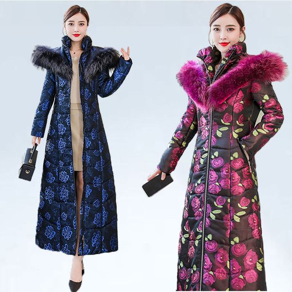 

winter jacket woman luxurious printing hooded coat thickened super-long big fur collar down feather cotton-padded jacket female, Black