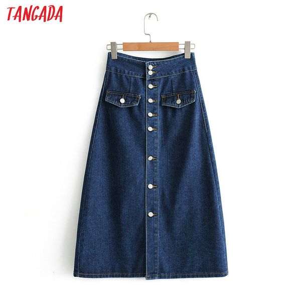 

tangada autumn 2019 women vintage denim skirt blue buttons pocket retro high waist straight mid calf skirts faldas mujer bc12, Black