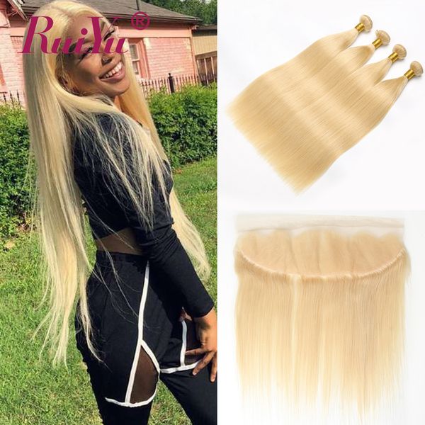 

613 blonde связка с фронтальным straight волоса remy weave 3 пачкой с фронтальным 13x4 кружево фронтального закрытия с человеческими волосам, Black