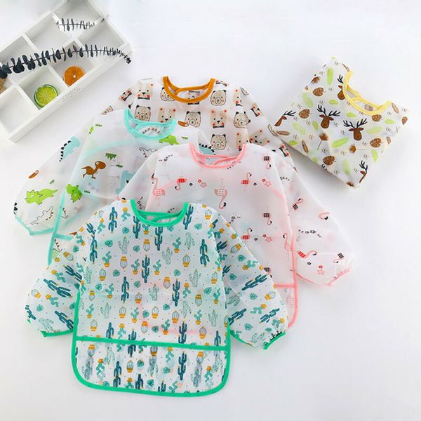 

baby kids toddler long sleeve waterproof art smock feeding bib apron pocket us, White