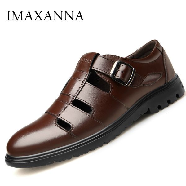 

imaxanna male sandals 2019 genuine leather mens casual shoes leather summer hollow out soft shoes men sandals, Black