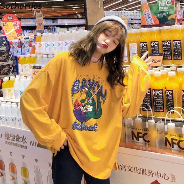 

women tshirt women t shirts women print oversize cartoon printed kawaii leisure all match womens long sleeve letter korean tees, White