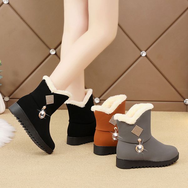 

white ankle boots flat heel winter shoes for women plush round toe crystal luxury designer boots-women low heels booties, Black