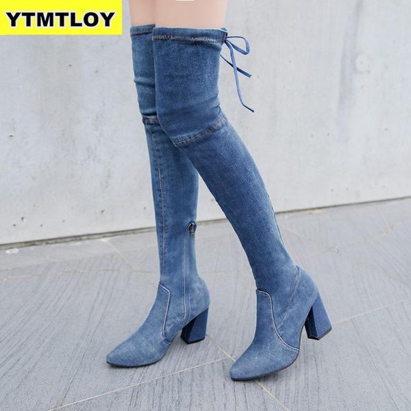 

fashion women boots spring winter over the knee heels quality suede long comfort square botines mujer thigh high denim, Black