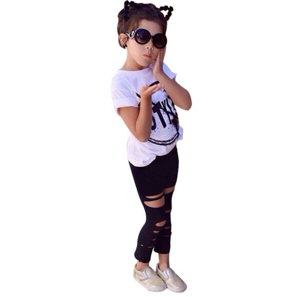 

3pcs baby clothes children girls short sleeve t-shirt +hole pants kids set girls outfit, White