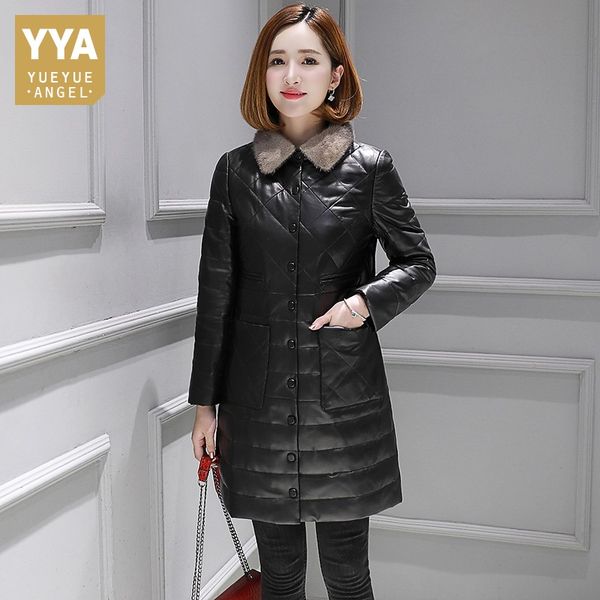

brand genuine leather down coat women streetwear collar slim overcoat winter single breasted elegant office lady coat, Black