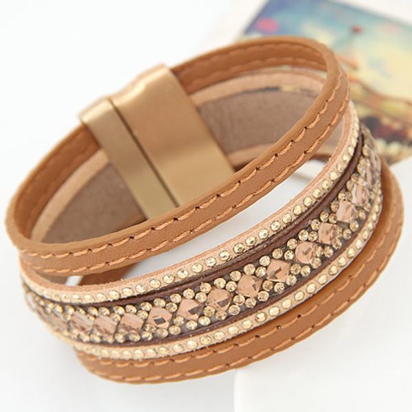 

lemoer 2017 bohemian handmade full stone shining layer leather bracelets bangles for women magnetic wristband pulseras mujer, Golden;silver
