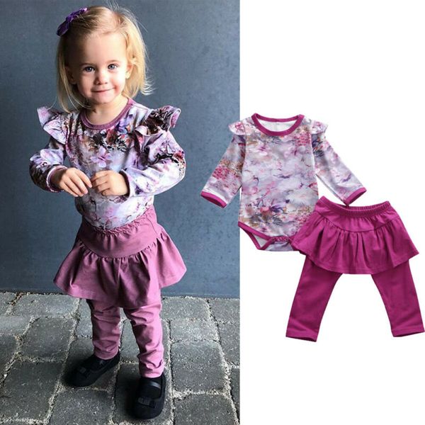 

2019 brand 0-24m newborn baby girl clothes autumn floral long sleeve romper ruffle tutu pants dress outfits 3pcs sweet girls set, White