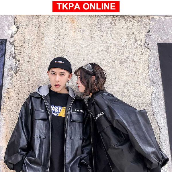 

men solid streetwear leather jacket 2020 couple leather motorcycle jacket hip hop harajuku korean hooded windbreaker, Black