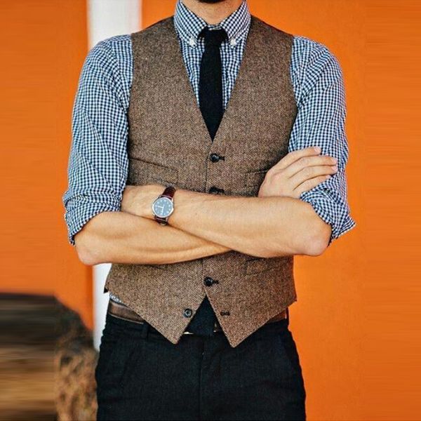 

2019 british style vintage brown wool tweed groom vests formal groom wear suit vest men wedding tuxedo waistcoat plus size(only vest), Black