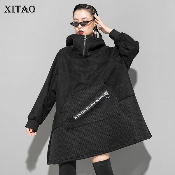 

xitao grid stitching high collar women hoodies harajuku sweatshirt streetwear trend autumn winter women clothes 2019 xj2265, Black