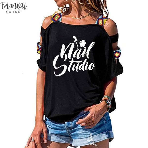 

beauty salon nail art manicure pedicure t shirt print women loose cotton short sleeve female t shirts fashion hollow out shoulder tees, White