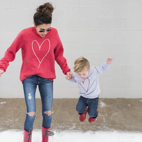 

mommy and son family matching mother son shirt clothes heart printing long sleeve boy casual coat kids parent child outfits, Blue