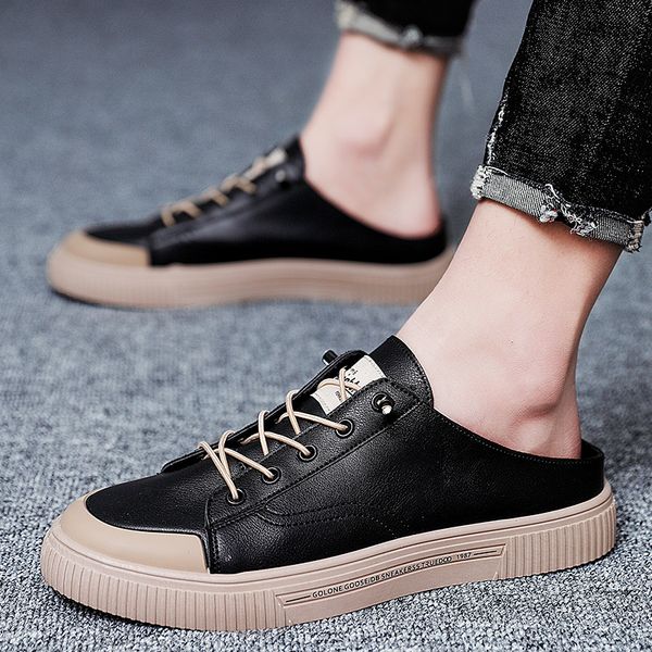 

men casual shoes summer half slippers men fashion sneakers light flat shoes trend vulcanize board ieather, Black