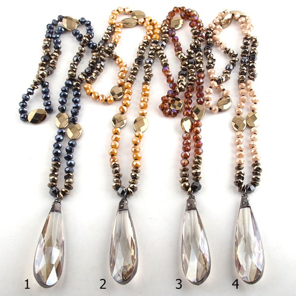 

fashion bohemian tribal jewelry crystal / hematite long knotted long glass drop pendant necklaces for women, Silver