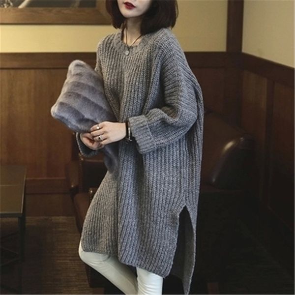 

women's sweaters mid-length sweater split fur loose thick needle long-sleeved coat, White;black