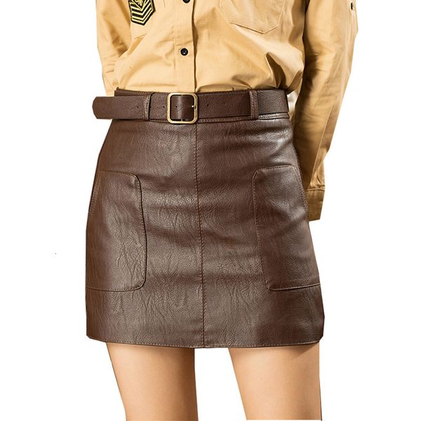 

skirt high waist vintage pu mini leather pencil skirts with belt autumn winter streetwear casual a line female saias, Black