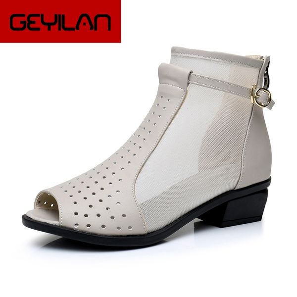 

genuine leather new summer ankle boots for women fashion cut-outs mesh zip sandals ladies peep toe med heels shoes woman, Black