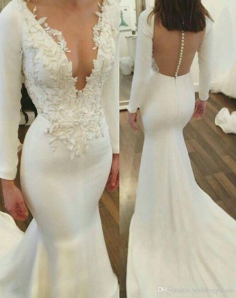 

2019 Arabic Long Sleeve Mermaid Wedding Dresses Deep V-neck Button Back Satin Wedding Gowns Plus Size Middle East Beach Bridal Dresses