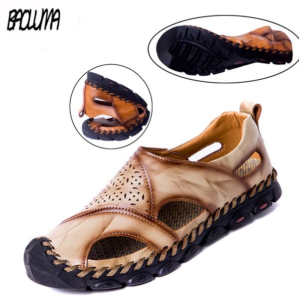 

2019 new summer sandals men breathable leather sandals man flats plus size fashion casual beach men's shoes, Black