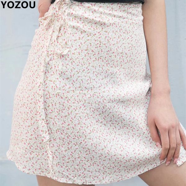 

women vintage 90s retro a-line summer sweet floral pattern high waist lace up mini short skirt, Black