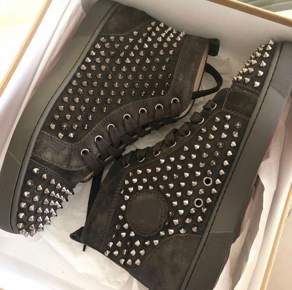 

italy design paris grey suede leather sneakers brand men spikes red bottom skateboard louflats couple man casual walking chaussures hommes z, Black