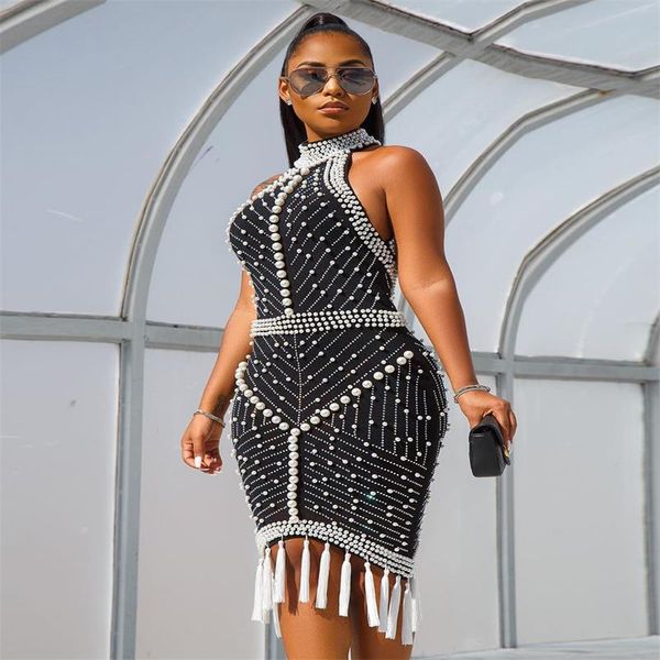 

2019 autumn and winter fashion new black white hanging neck sleeveless beaded crystal bandage dress, Black;gray