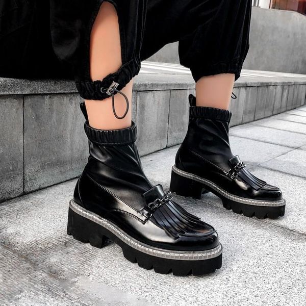 

runway ankle boots for women metallic chain tassel winter shoes woman pleated zapatos de mujer platform rubber heels botas brand, Black
