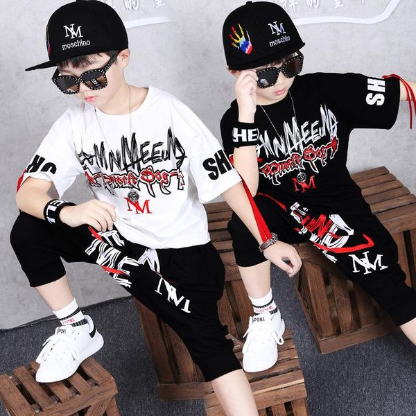 

children's clothing boy summer short-sleeved shirt new kids's sports pullover t-shirt + hip-hop shorts sportswear 2-piece set, White