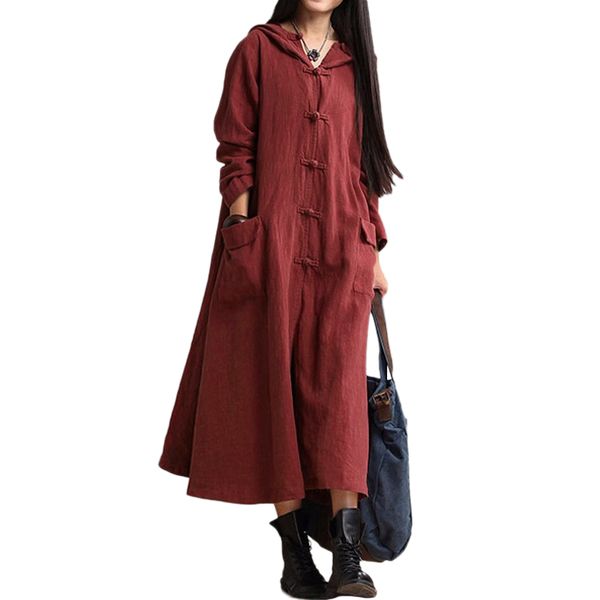 

spring autumn women vintage hooded dress long sleeve casual loose solid cotton dress oriental style plus size ladies 2019, Black;gray