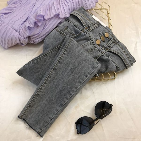 

джинсы женщина корейский стиль ins темперамент 2020 весна новая мода slim-fit высокая талия три кнопки джинсы дамы карандаш брюки, Blue