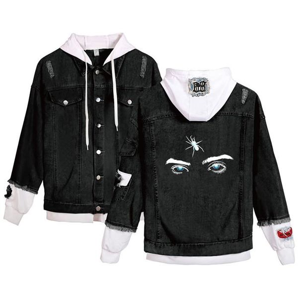 

eyes pattern printed hole panelled single breasted jean jacket mens long sleeve hooded jacket couple clothing, Black;brown