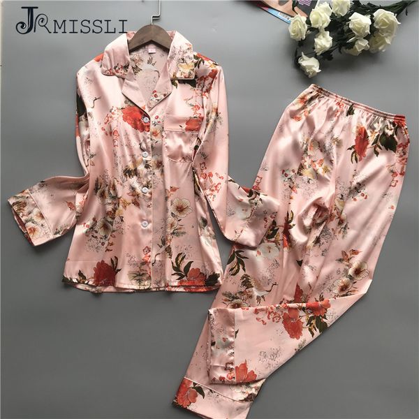 

jrmissli satin pyjamas women flower pajamas sets 2019 spring women sleepwear elegant pijama mujer fashion female suit, Blue;gray