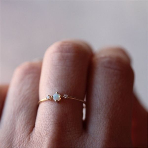 

1 piece women trendy crystal natural stone opal thin finger ring rose gold rings for girl fashion jewelry, Slivery;golden
