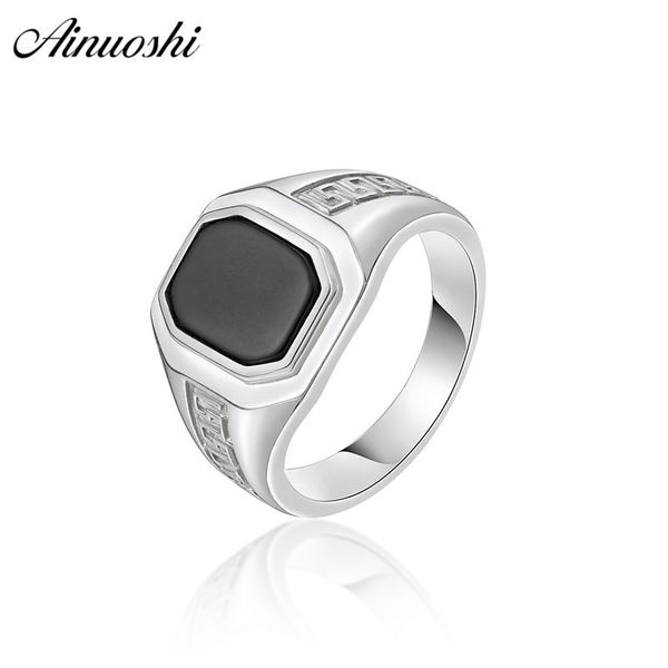 

ainoushi 925 sterling silver men wedding engagement ring black solitiare geometric male silver anniversary party ring jewelry y200106, Slivery;golden