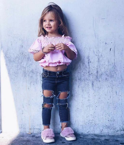 

2-7y нового малыш детских ребёнок мода 2pcs плеча розовая футболка топы блуза + брюки джинсовой одежда outfit set, White