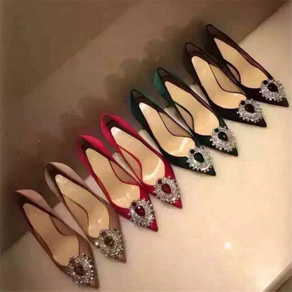 

pointed toe woman shoes big diamond high heel shoes bride crystal wedding red black green pink jeweled ladies