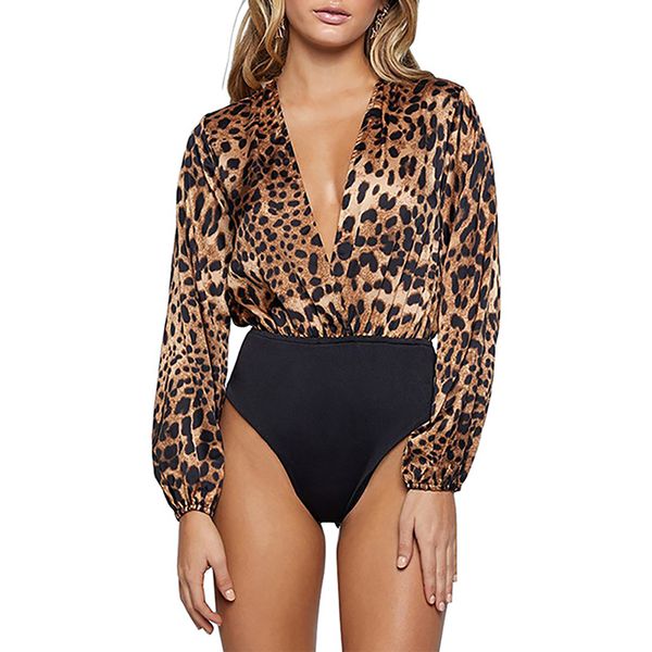 

женщины сексуальный глубокий v-образным вырезом с длинным рукавом с леопардовым принтом боди осень-зима боди, Black;white